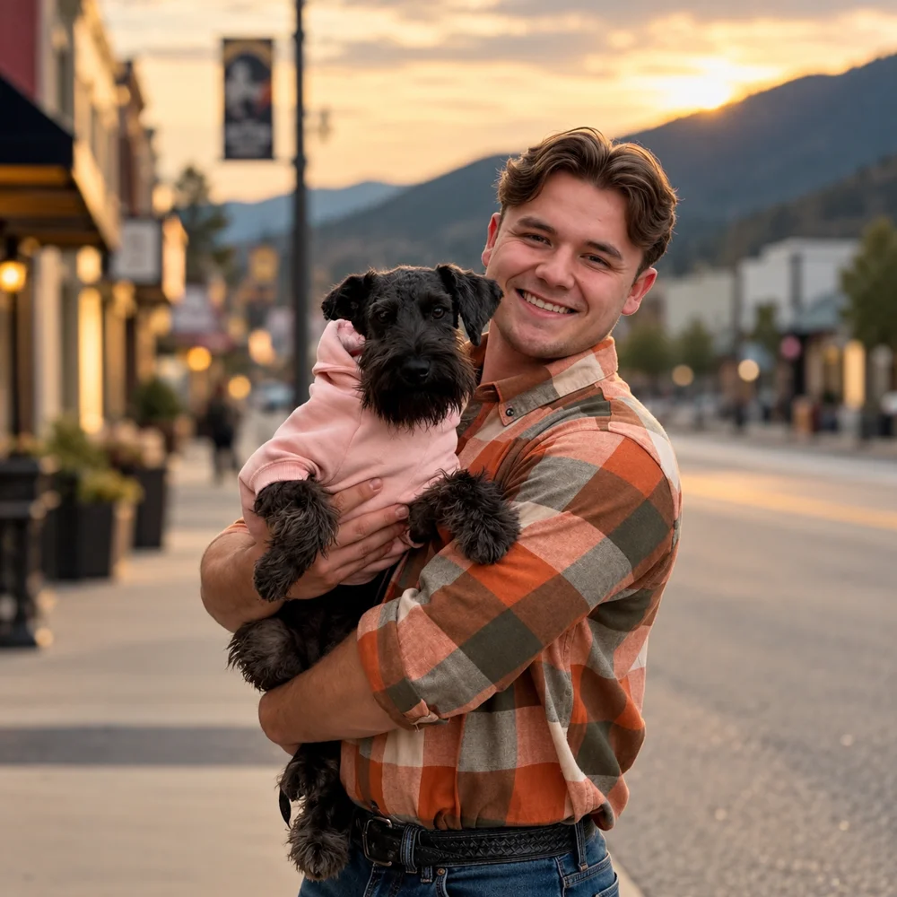 Jeremy Moore holding his miniature schnauzer Nova