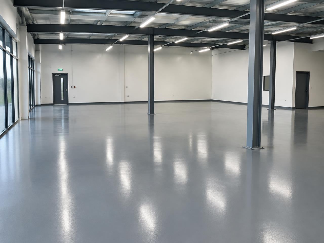 Open commercial space with a smooth grey epoxy coated floor