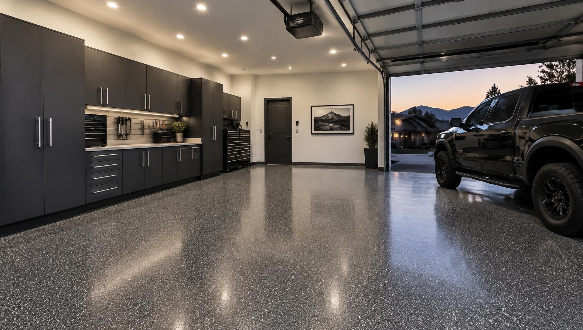 Modern garage with dark cabinets and a charcoal flake epoxy floor at dusk